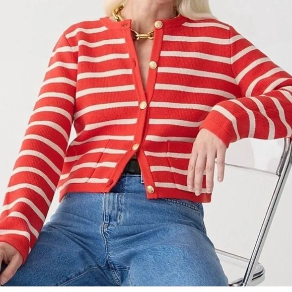 J. Crew “Emilie Sweater Lady Jacket” Red/Cream Stripe Size XL EUC! - Picture 2 of 8